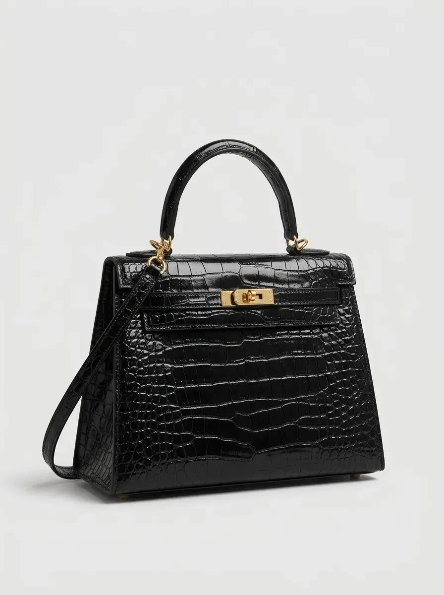 Kelly Lock Top Handle Bag – Black Croc