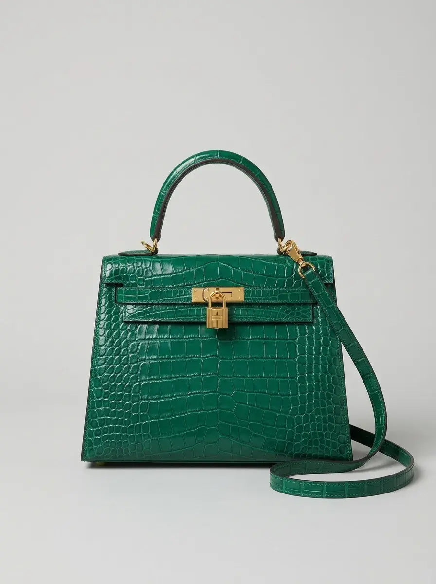 Kelly Lock Top Handle Bag – Emerald Croc