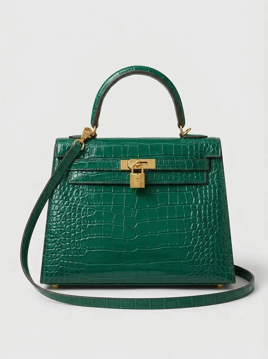Kelly Lock Top Handle Bag – Emerald Croc
