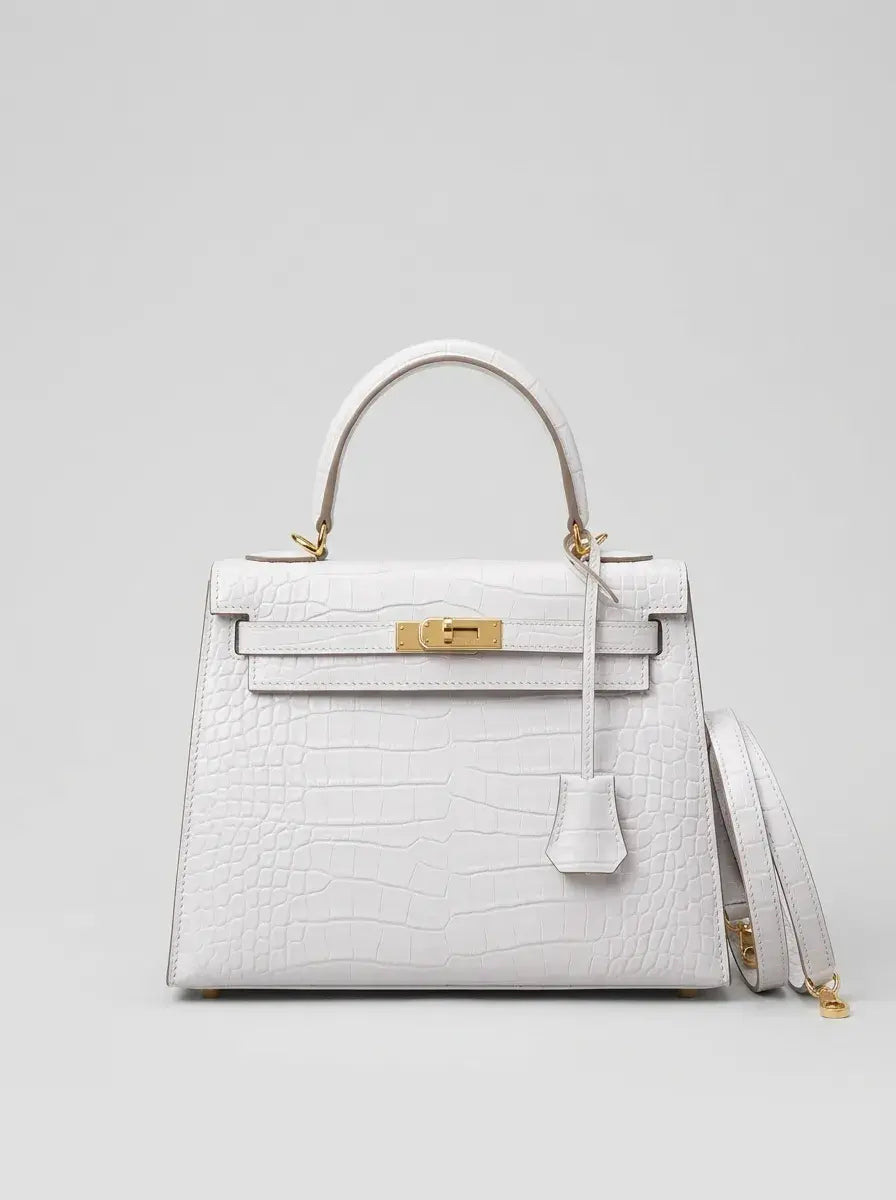 Kelly Lock Top Handle Bag – Blanc Croc