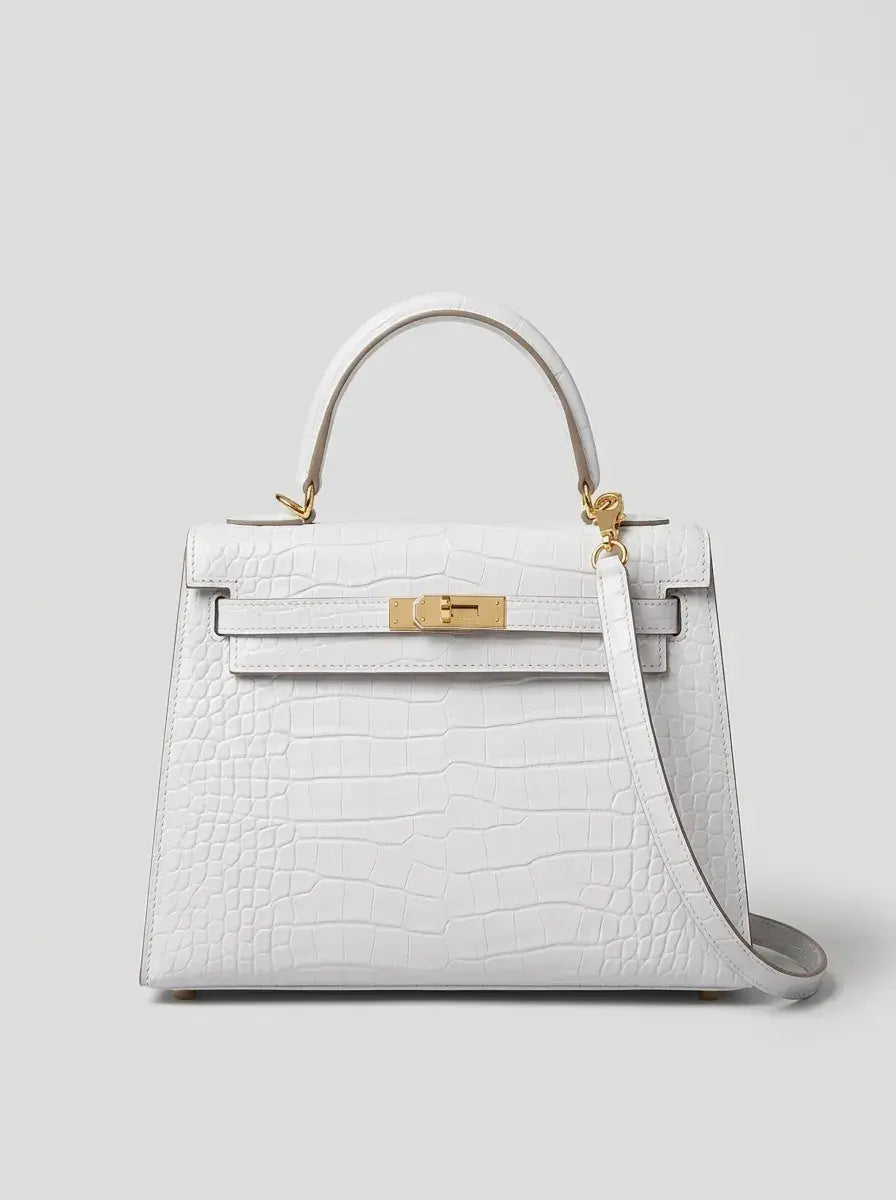 Kelly Lock Top Handle Bag – Blanc Croc