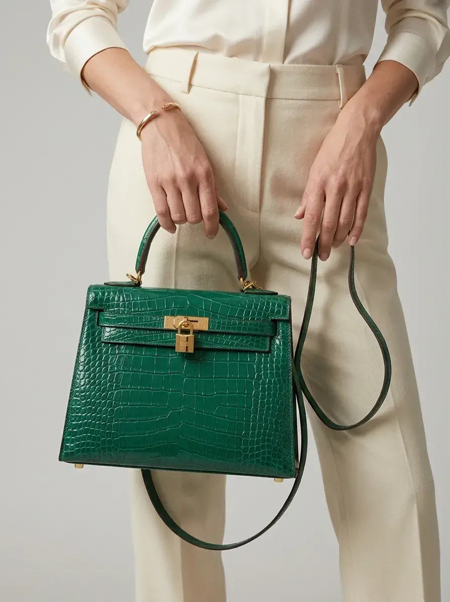 Kelly Lock Top Handle Bag – Emerald Croc