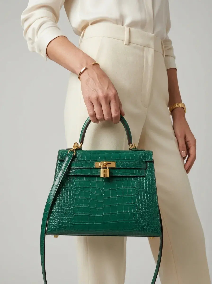 Kelly Lock Top Handle Bag – Emerald Croc