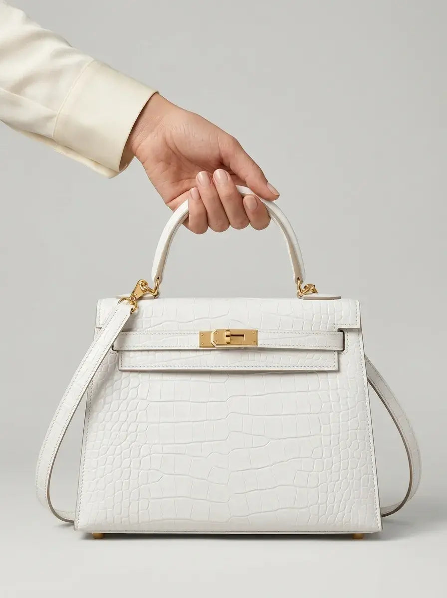 Kelly Lock Top Handle Bag – Blanc Croc