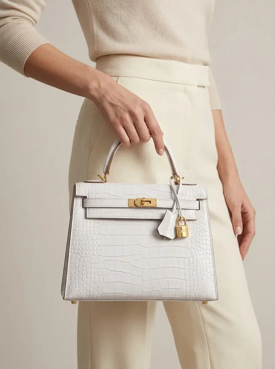 Kelly Lock Top Handle Bag – Blanc Croc