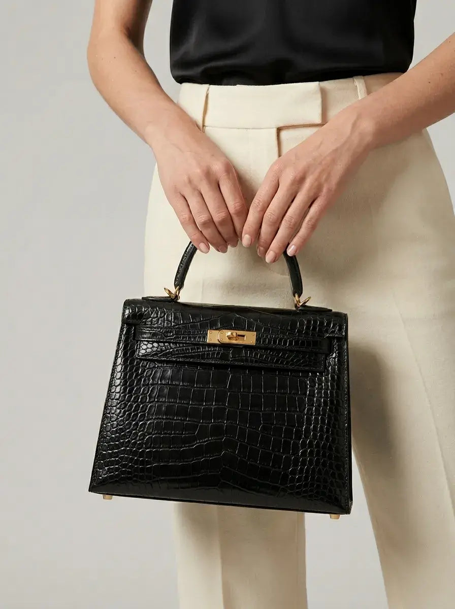 Kelly Lock Top Handle Bag – Black Croc