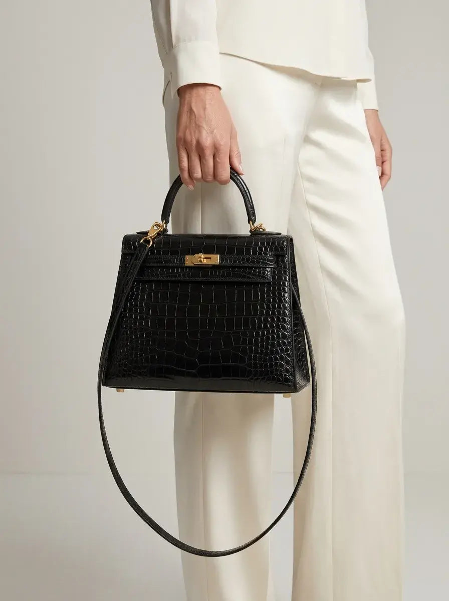 Kelly Lock Top Handle Bag – Black Croc