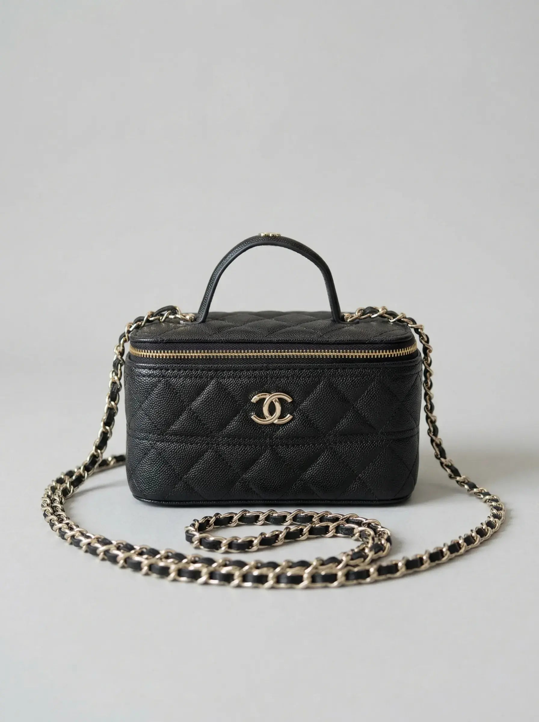 Quilted Vanity Top Handle Bag – Black