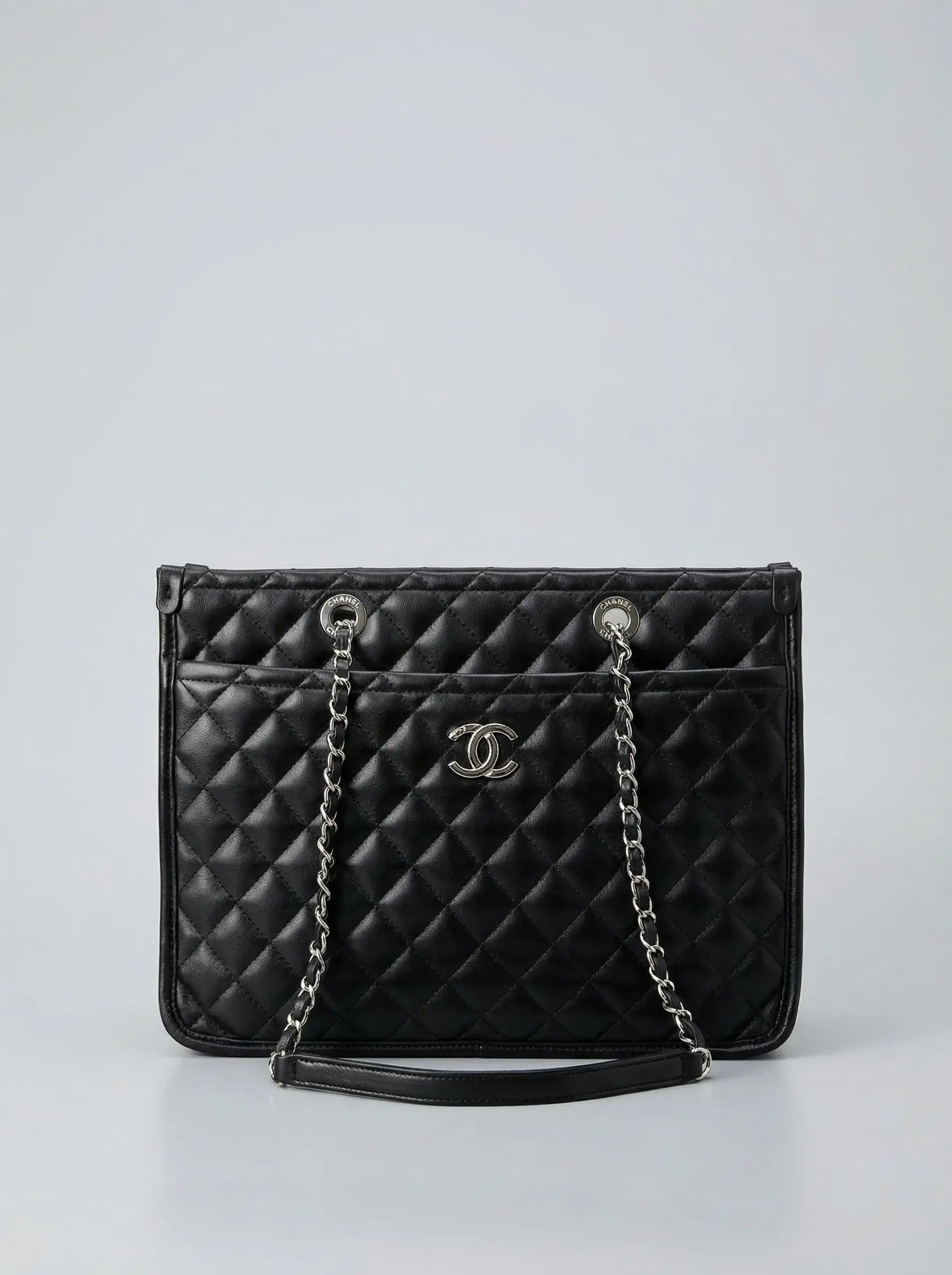 Quilted Chain Shopper Bag – Black