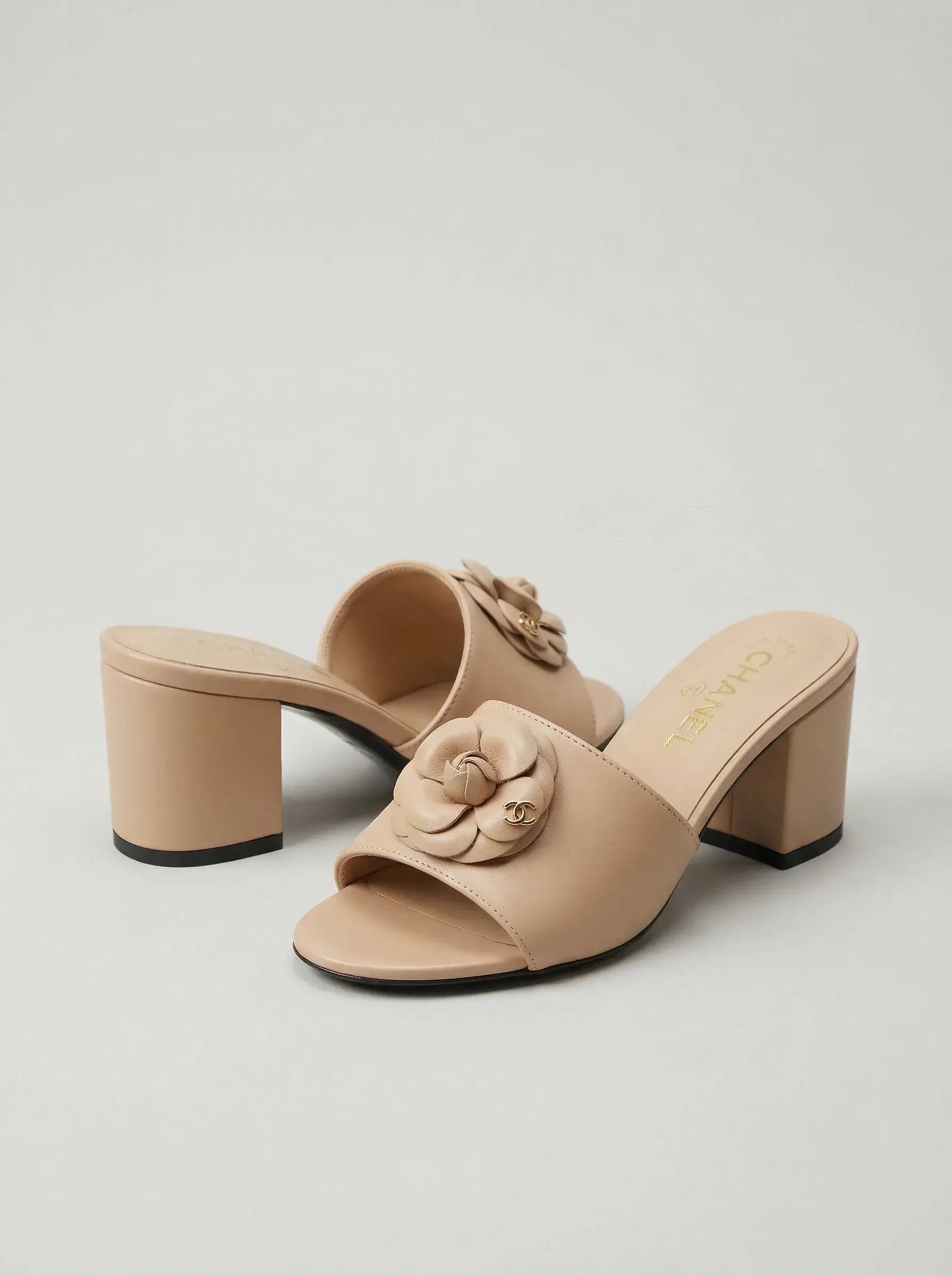 Camellia Heel Mule Sandals – Beige