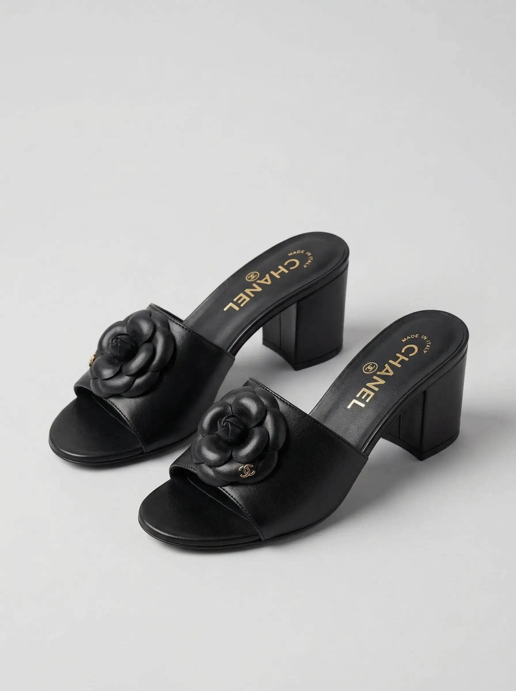Camellia Heel Mule Sandals – Black