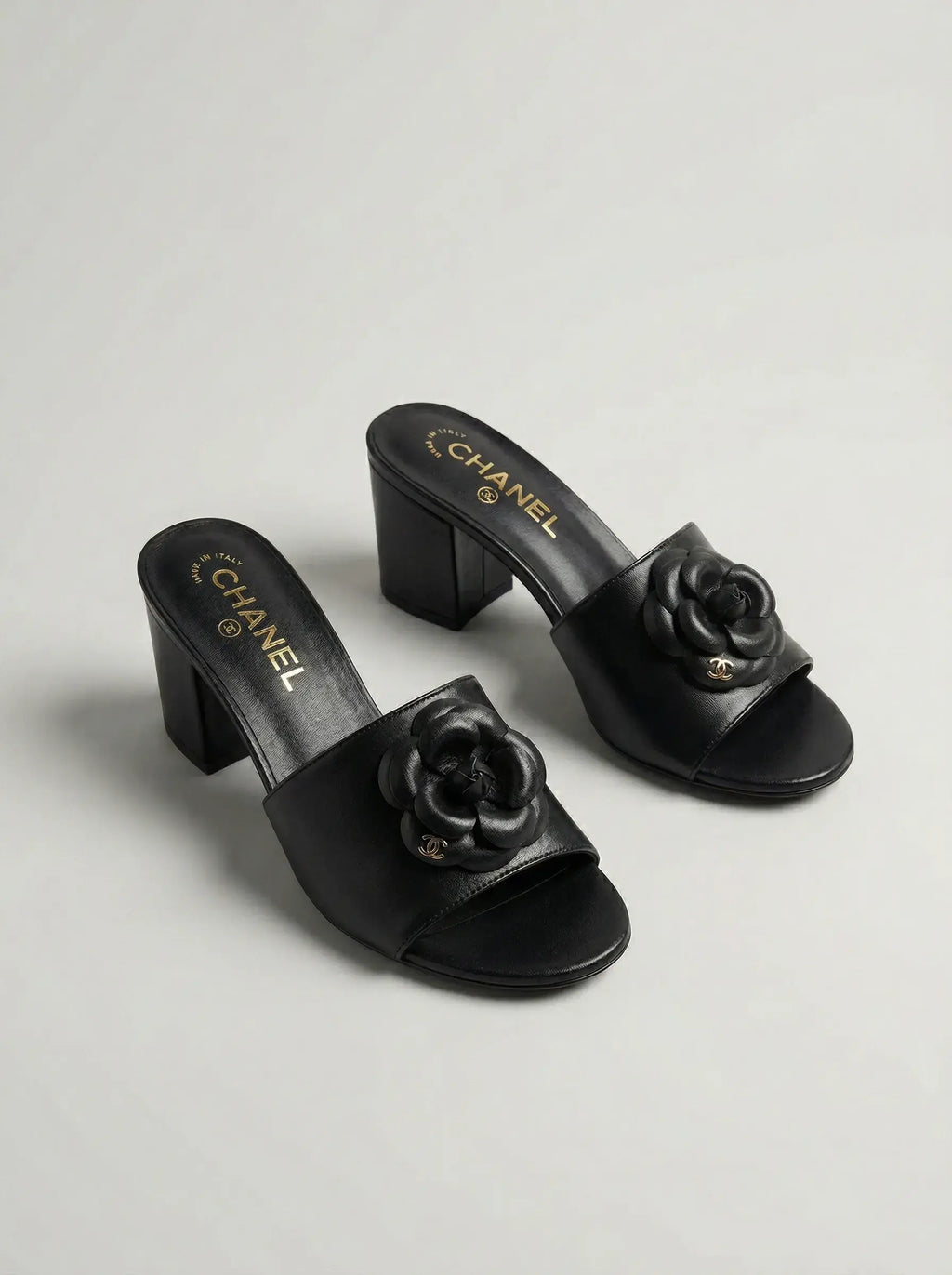 Camellia Heel Mule Sandals – Black