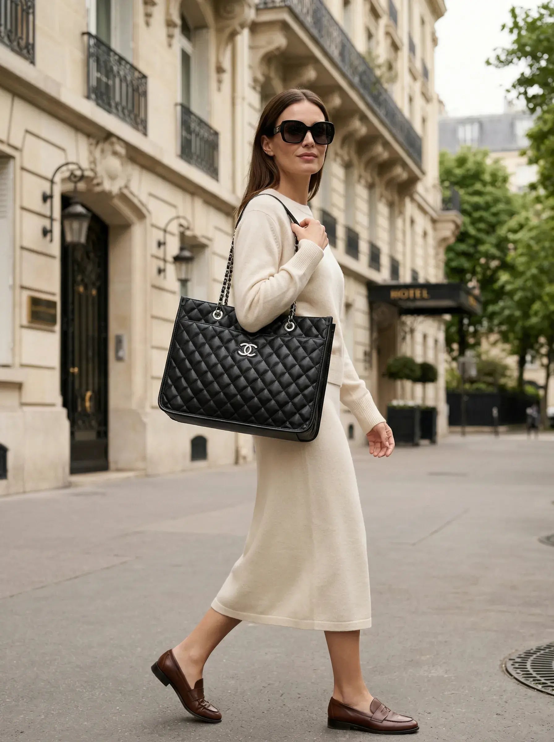 Quilted Chain Shopper Bag – Black