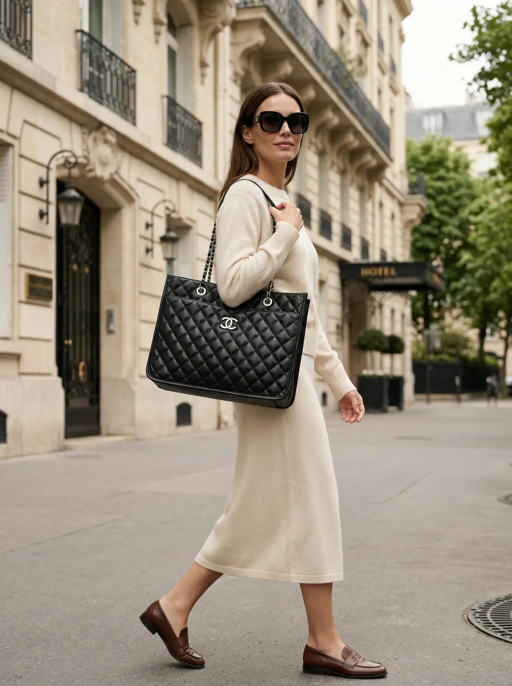 Quilted Chain Shopper Bag – Black